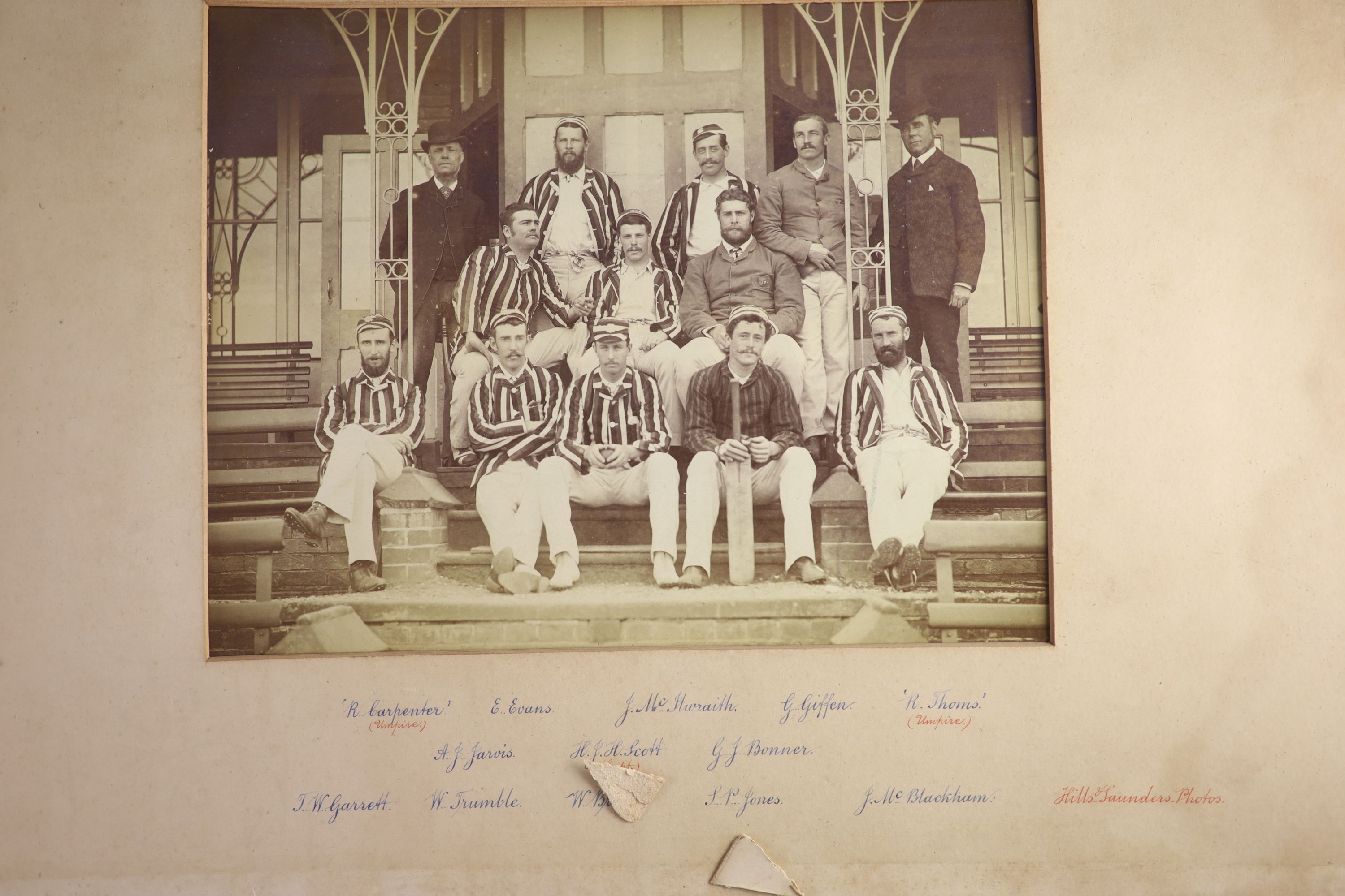 A set of three photographs of the Cambridge University Cricket 11 v Australians 1886, photographed by Hills & Saunders, overall 36 x 11